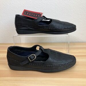 Walkables Comfort Shoes Women 6.5 Black Leather Huarache T-Strap Flats Almond